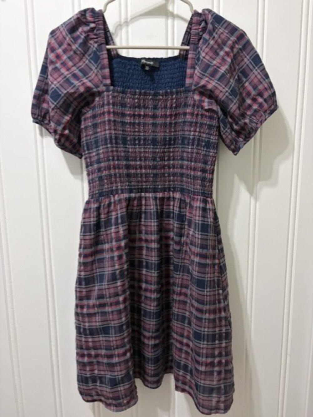 Madewell Plaid Smocked Mini Dress Navy Burgundy Puff Sleeve Cottagecore XXS